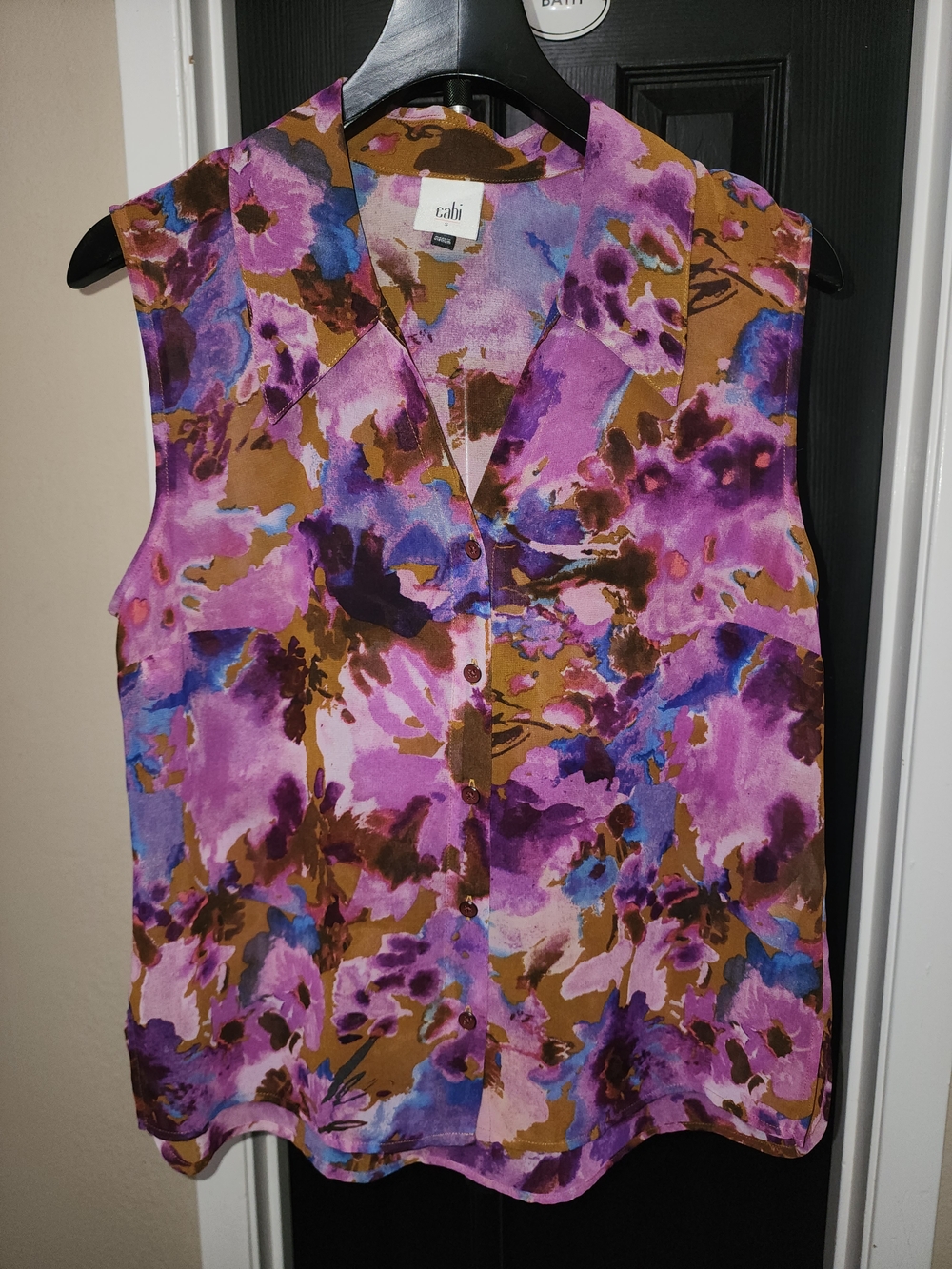 CAbi Purple Floral Sleeveless Button Front Blouse